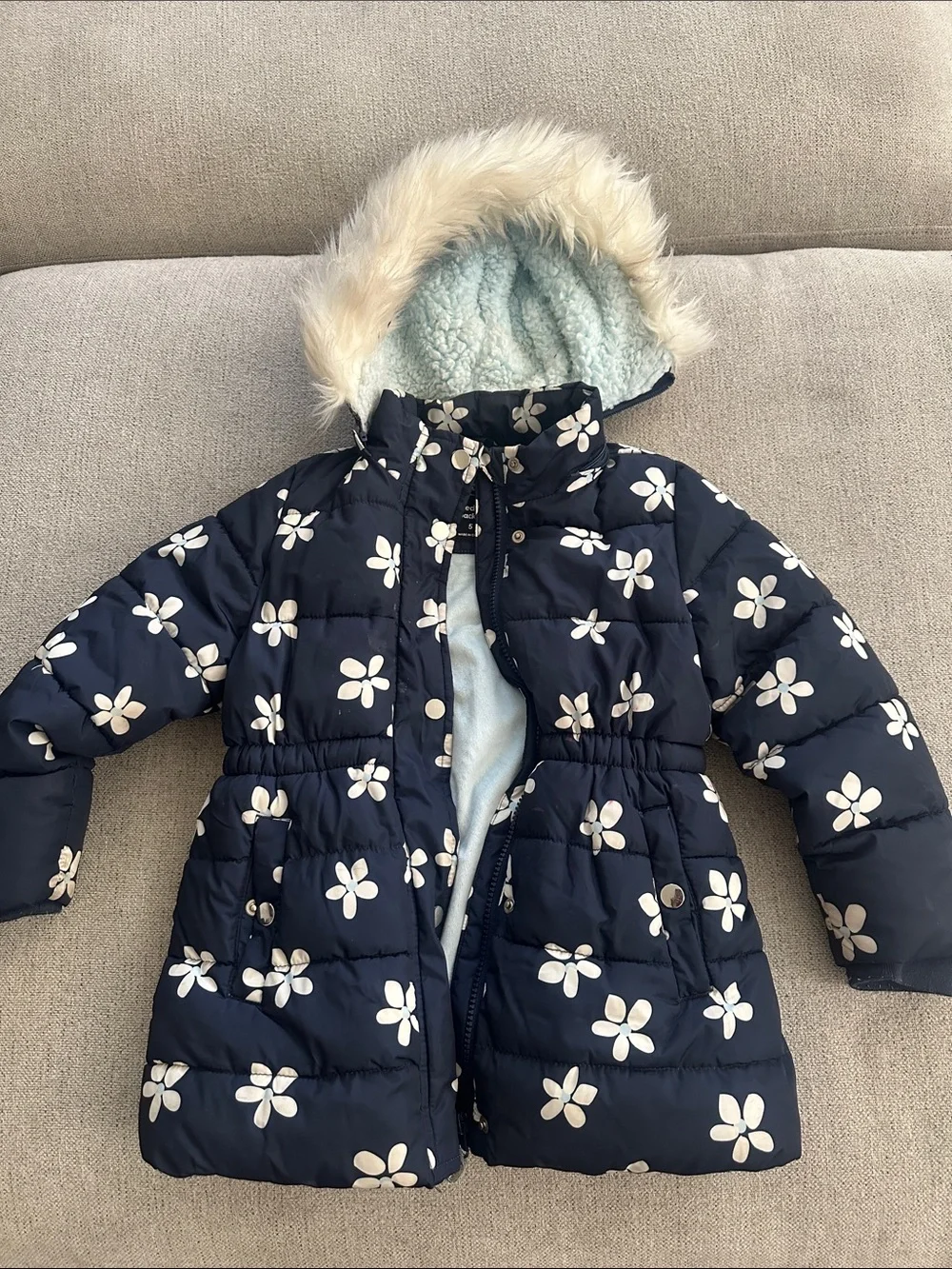 Girls' Navy Floral Hooded Puffer Coat with Faux Fur Trim